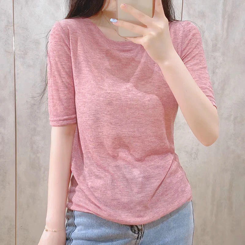 正肩短袖t恤女2025年夏季新款韩版修身显瘦体恤小众薄款粉色上衣