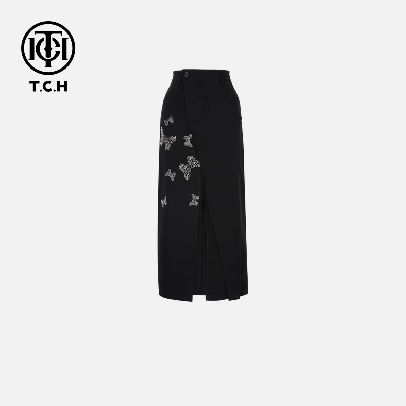 TCH烫钻工艺时尚设计感蝴蝶黑色半身裙女T75C22E1003轻奢tch