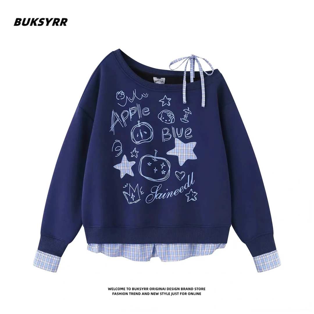 B20#美式星星贴布绣格纹假两件男装