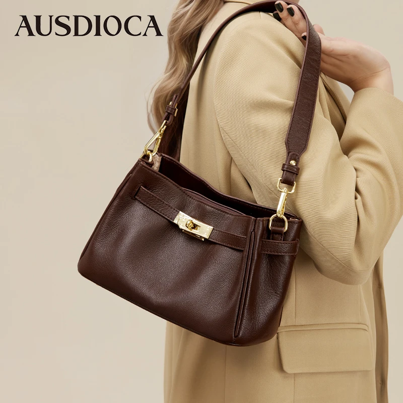 AUSDIOCA/澳迪佳2025年新款锁扣简约单肩包复古腋下包真皮斜挎包