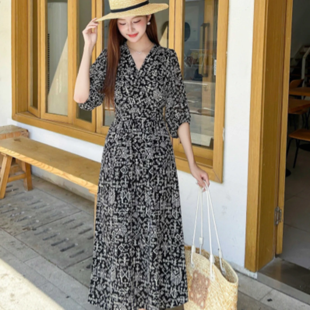MZ.【小英子专属】口袋连衣裙冰丝弹珍珠纱女士复古印花长裙XT2512