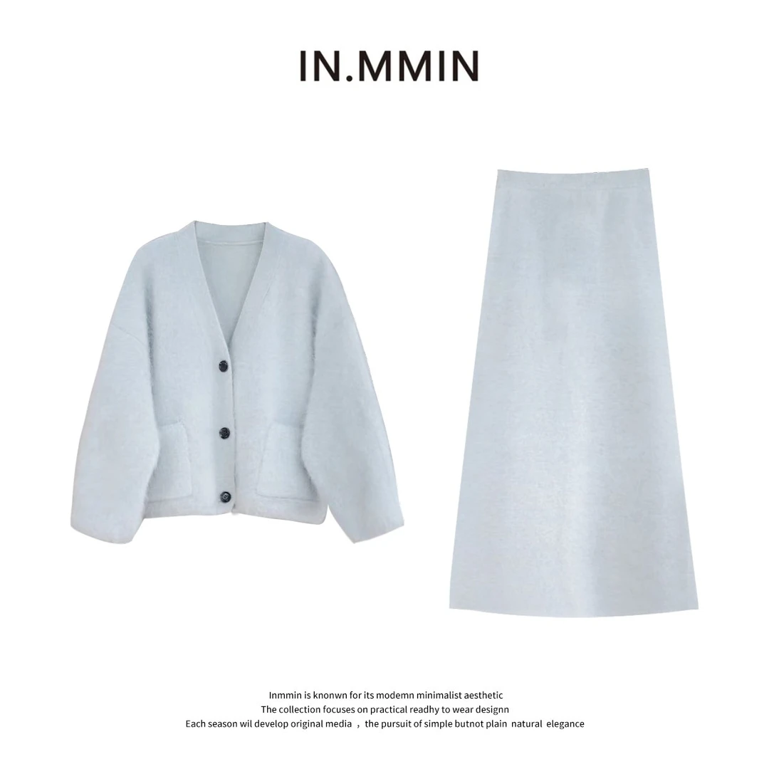 INMMIN 羊毛高级感V领单排扣长毛拉绒加厚开衫外套半身裙套装