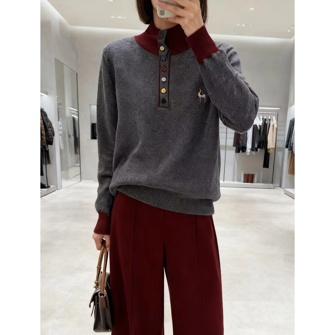 加厚款~胸110-160长65彩色绒扣拼色长袖休闲减龄针织上衣 4309