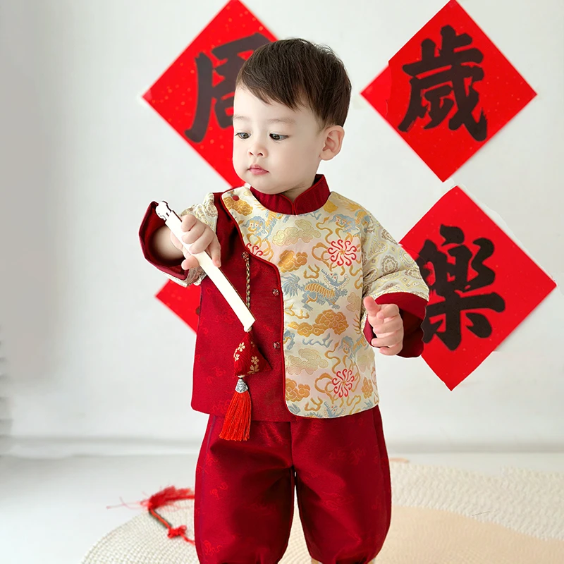 宝宝抓周礼服新中式一周岁生日宴喜庆唐装男宝春秋百天周岁宴套装