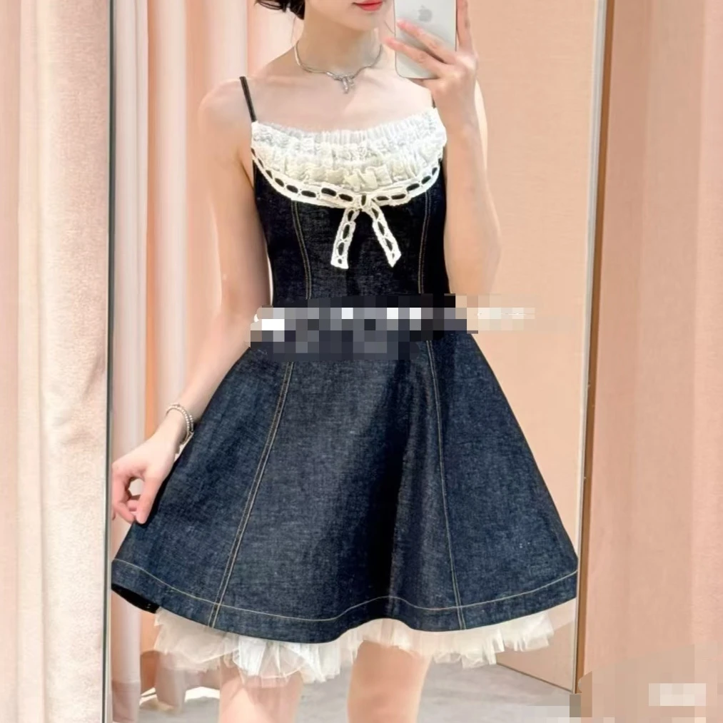 SZSALI 定制蕾丝拼接牛仔无袖收腰吊带连衣裙时尚甜美