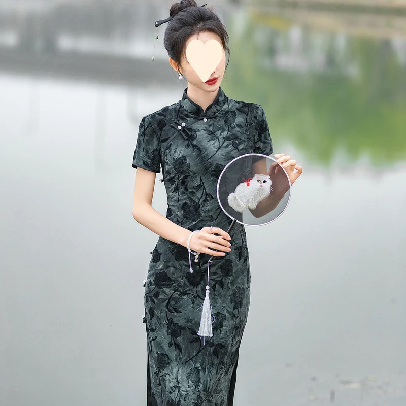 新中式植绒扎染中长款旗袍民国风复古时尚修身2025年新品优雅大码