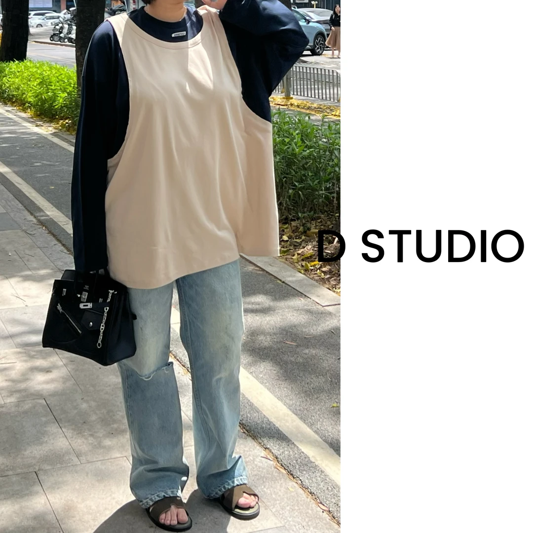 D STUDIO 黑拼卡其拼色长袖T恤 D2151