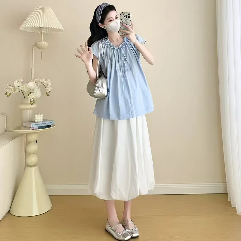 孕妇装夏季上衣+白色裙子