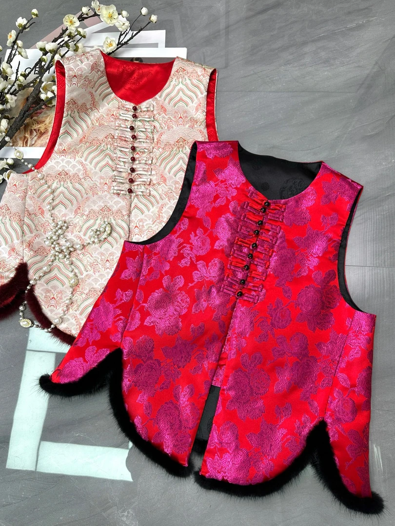 【古梵孜】新款国风气质宋锦时尚拼真水貂毛薄棉马甲马夹民族风中式