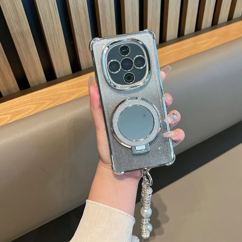 带镜头膜适用vivoy300手机壳带镜子支架全包防摔银色闪粉软壳女款