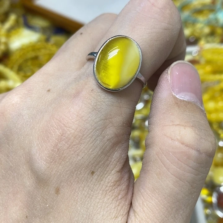 蜜蜡银S925镶嵌裸石戒指