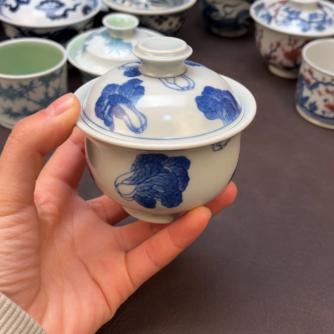 水**子景德镇青花白菜布袋盖碗