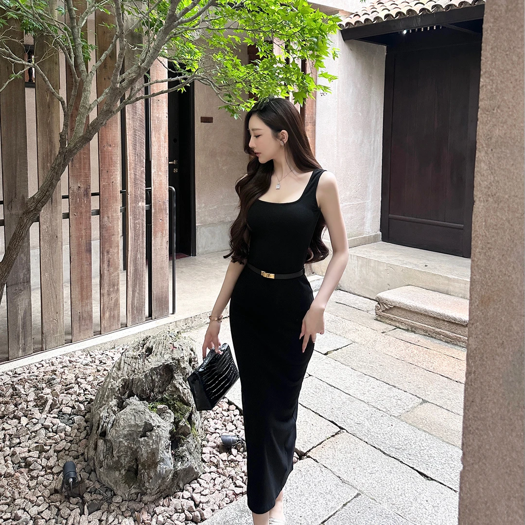 SX善喜U领修身长款针织连衣裙无袖背心裙开叉性感露背气质包臀裙