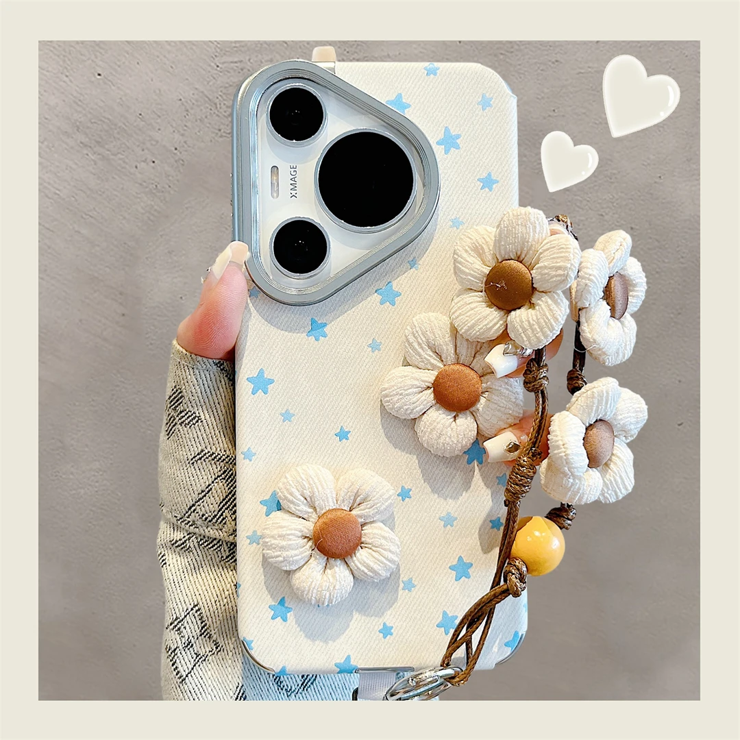 适用华为pura70pro+手机壳日韩牛仔布纹立体花朵pura80pro皮质女