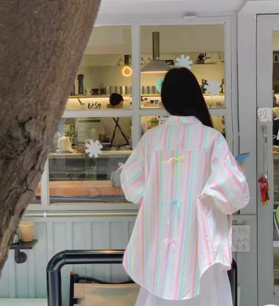 设计感小众蝴蝶结条纹POLO领衬衣女2024夏季宽松长袖减龄衬衫上衣