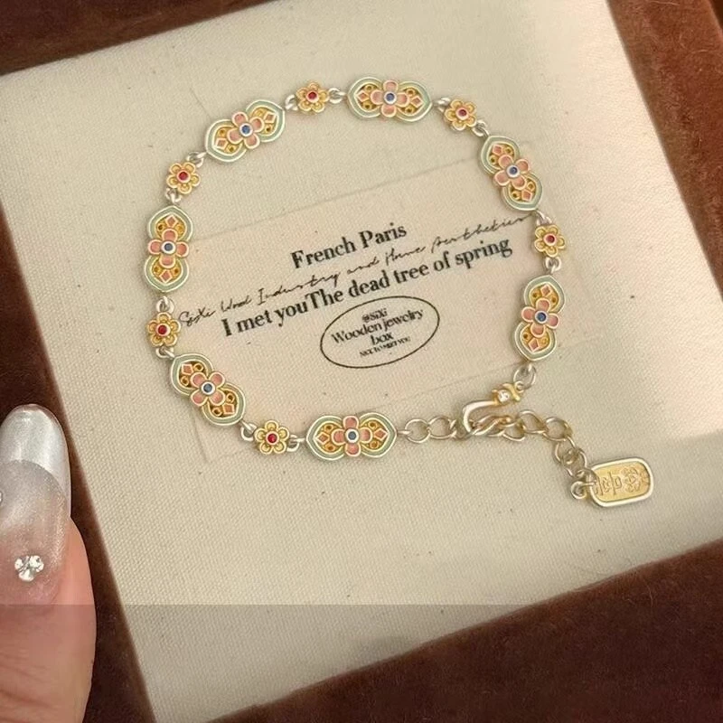 足银手链 新中式描金宫廷珐瑯彩银手链女银9999复古四叶草手饰