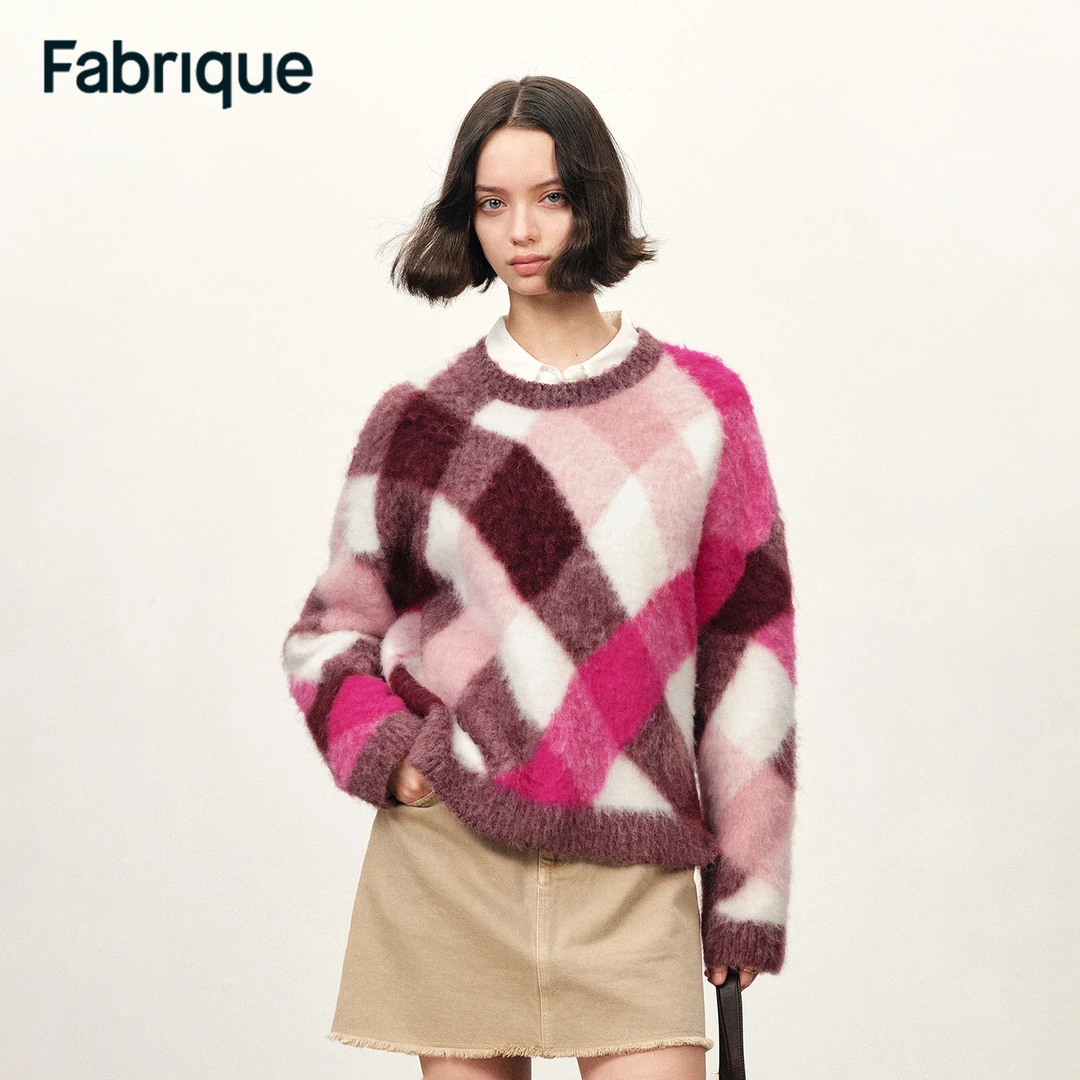 Fabrique Alice【波普油画】不规则格纹绵羊毛羊驼毛圆领针织毛衣