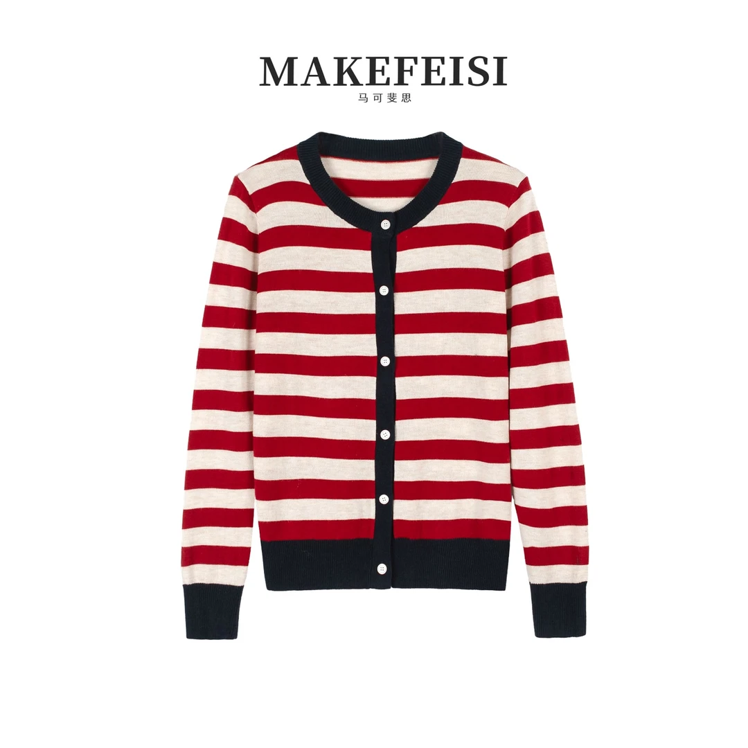 条纹美学|复古红白撞色条纹法式针织开衫MY593