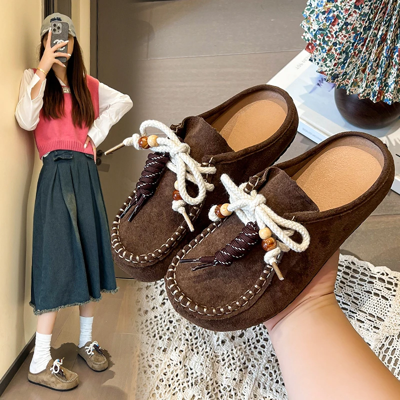 厚底百搭复古勃肯鞋女软底增高串珠流苏拖鞋平底一脚蹬包头半拖鞋