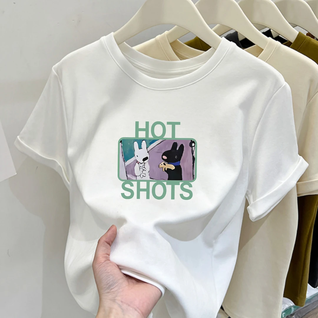 2025新款圆领HOTSHOTS印花纯棉短袖小个子女修身显瘦百搭上衣