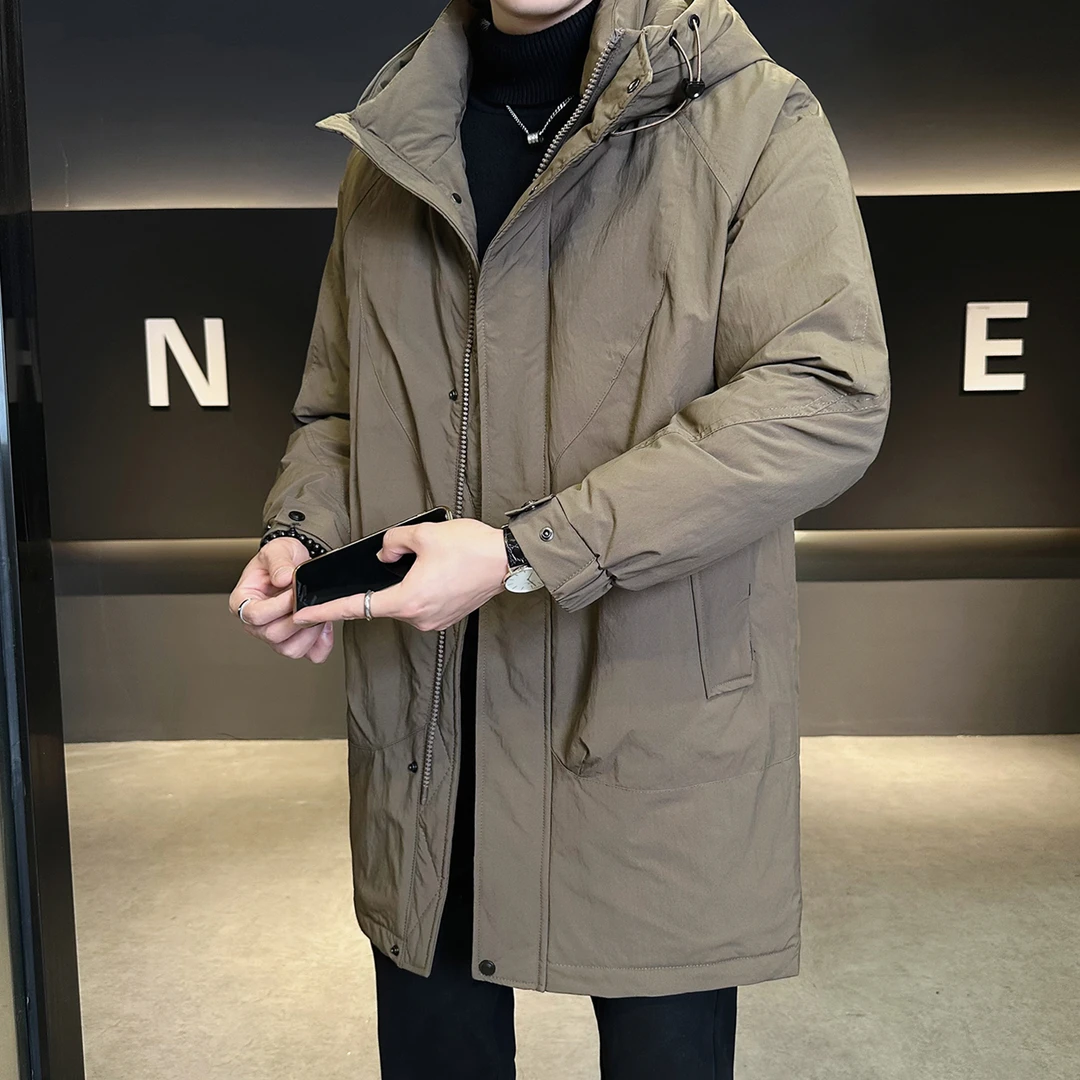 PinkAvril中长款男士羽绒服冬季2025新款连帽加厚男冬装风衣外套