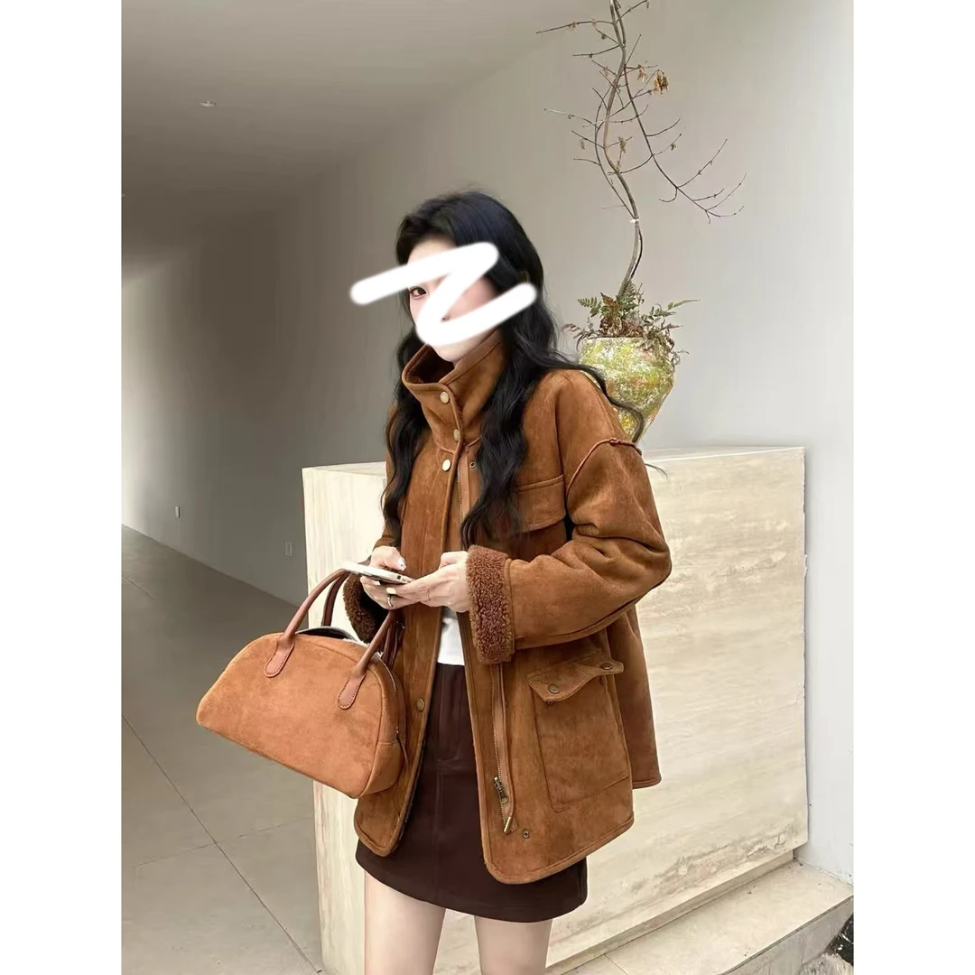 X228537-美式复古外套女2025秋冬新款中长款保暖大衣加厚