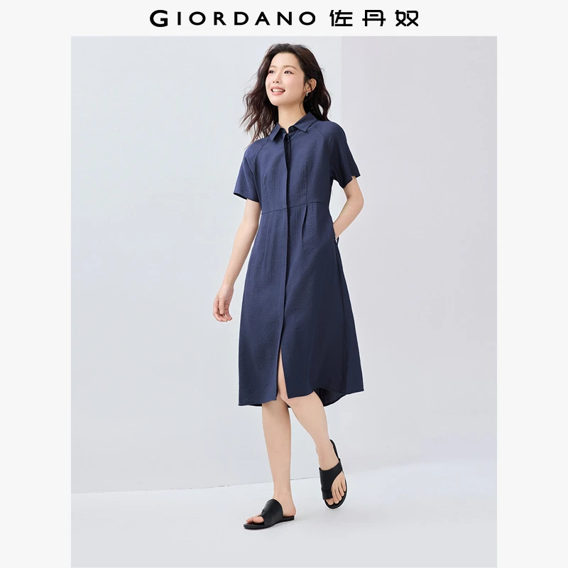 佐丹奴裙子女装压褶收腰暗门筒插肩梭织短袖衬衫连衣裙 05465077