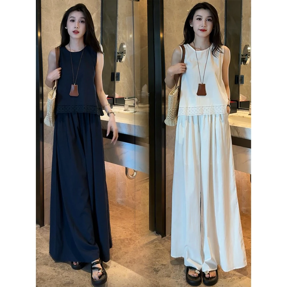 时尚套装女2025夏季新款洋气减龄显瘦设计感无袖上衣阔腿裤两件套