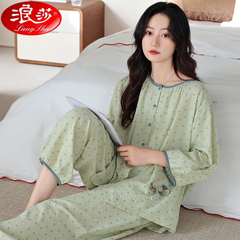 浪莎夏季带胸垫睡衣女士2025新款宽松大码七分袖薄款家居服套装LS