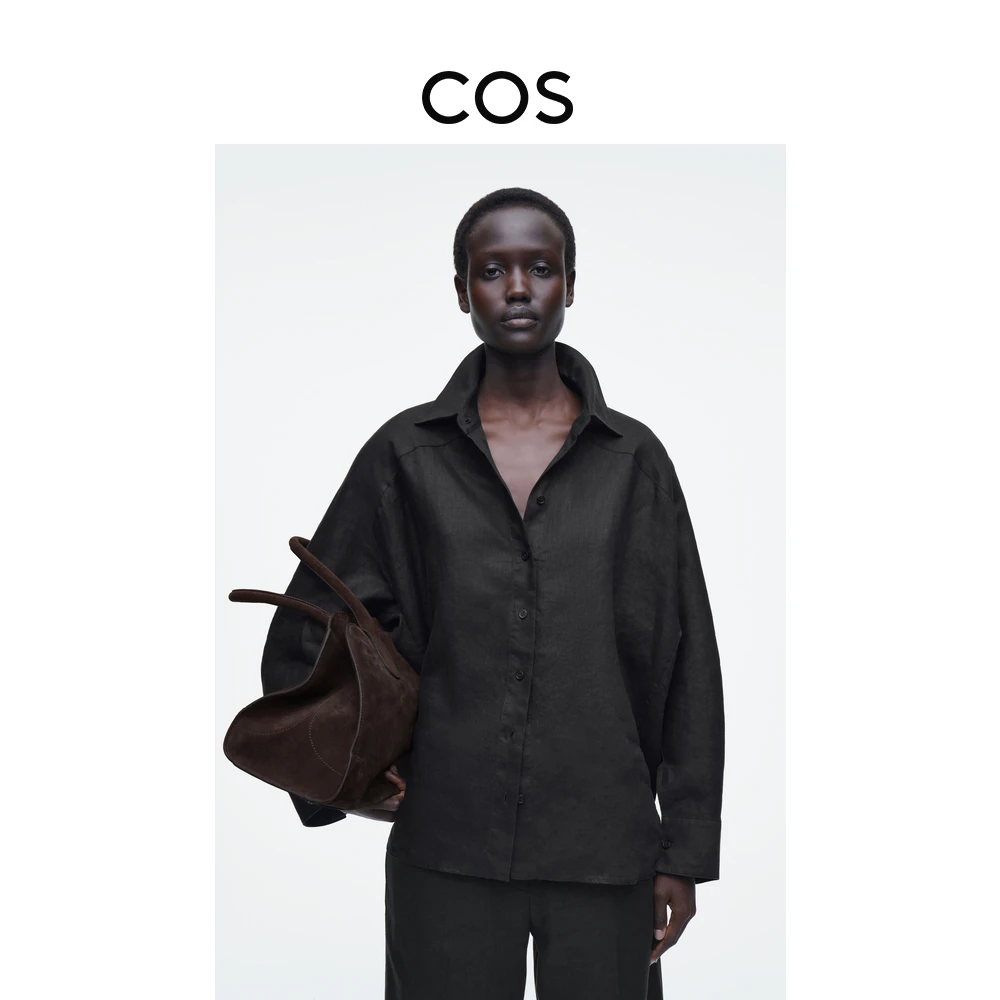 COS女装 标准版型插肩袖亚麻衬衫黑色2025春季新品1266114002