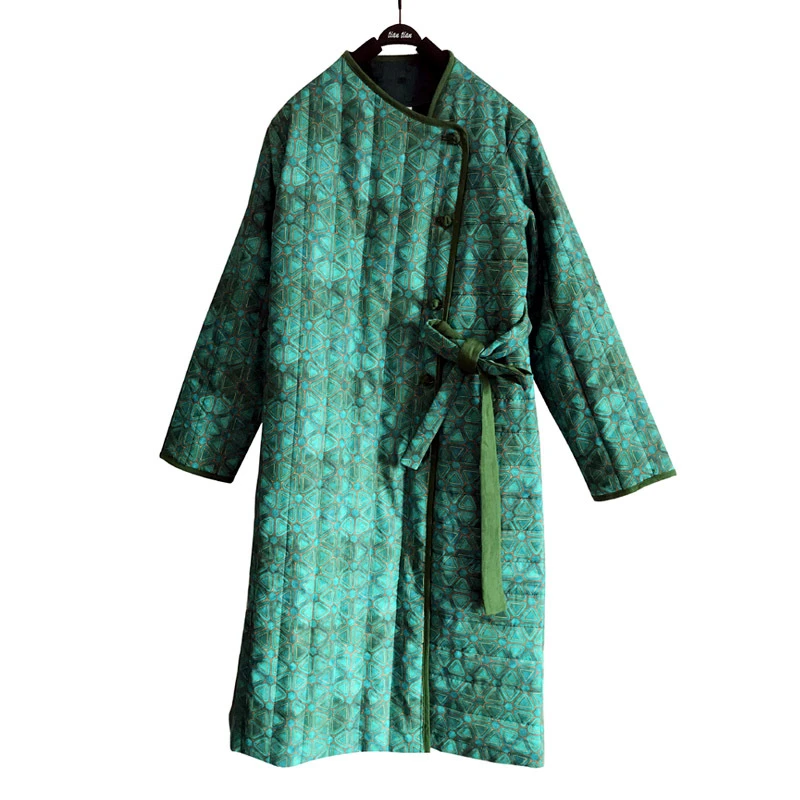 梵心饰界-秋冬棉衣中长款民族风印花复古修身显瘦中式夹棉服女