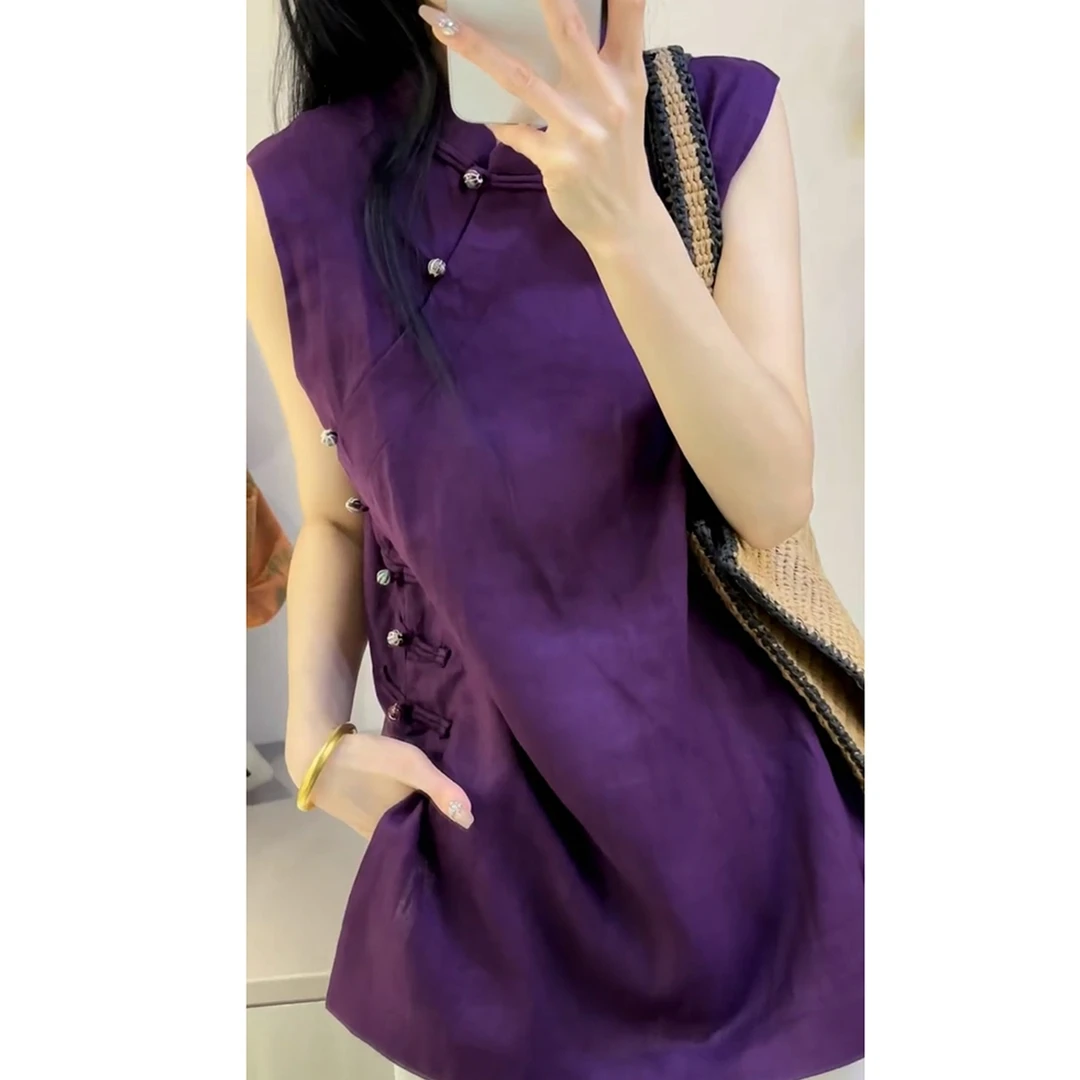 2025夏日绝美穿搭小众不撞款新中式国风气质紫色盘扣无袖衬衫上衣