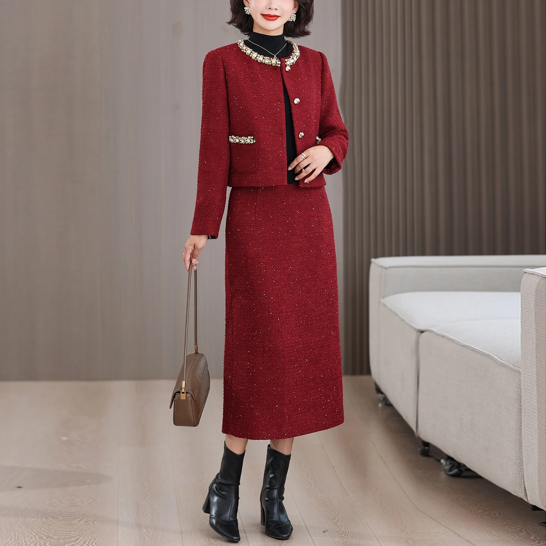 2025年秋冬时尚小香风套装女高级感减龄婆婆酒红色喜妈妈婚宴礼服