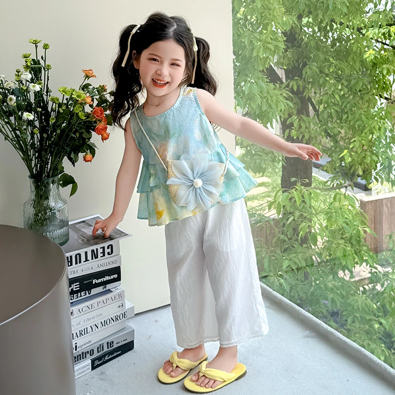 女童夏季套装2025新款儿童碎花背心上衣宝宝阔腿裤薄款甜美两件套