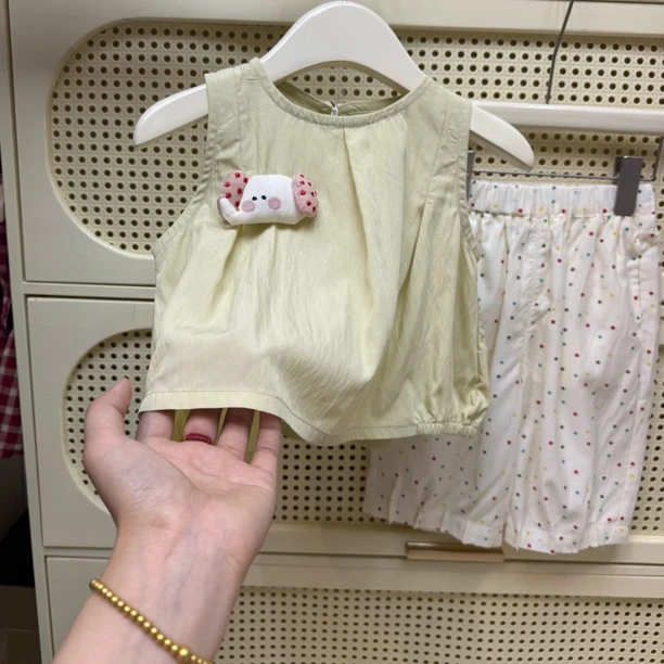 女童无袖娃娃衫彩色点点套装2025夏季新款女宝宝时尚波点两件套潮