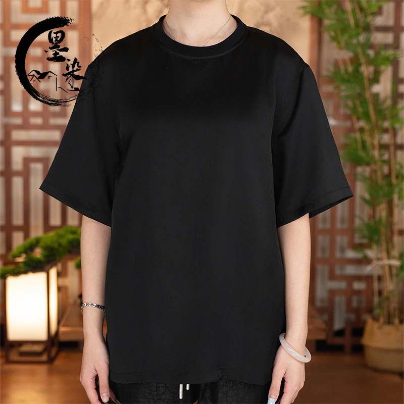 [墨染香云纱]夏季桑蚕丝休闲小重缎香云纱圆领短袖PZ0420DX