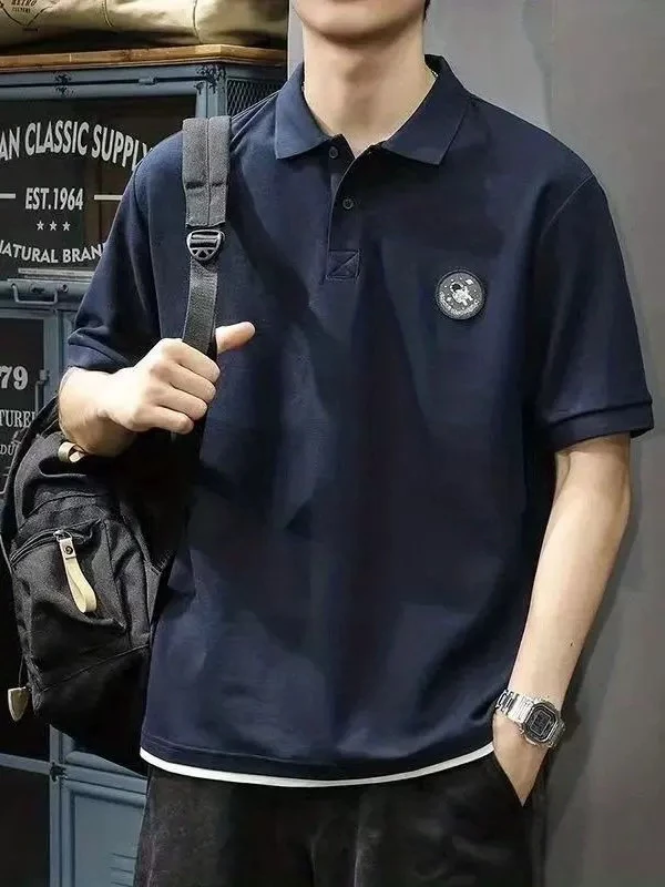 夏季重磅假两件Polo衫短袖t恤男宽松大码polo翻领半袖保罗衫