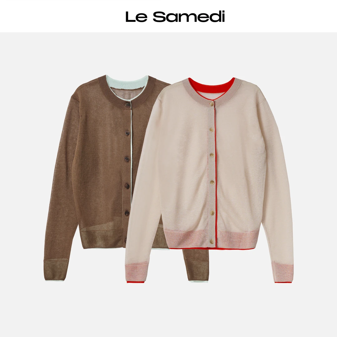 Le Samedi【霓虹叠影】呼吸感针织 假两件拼色边微透感圆领开衫