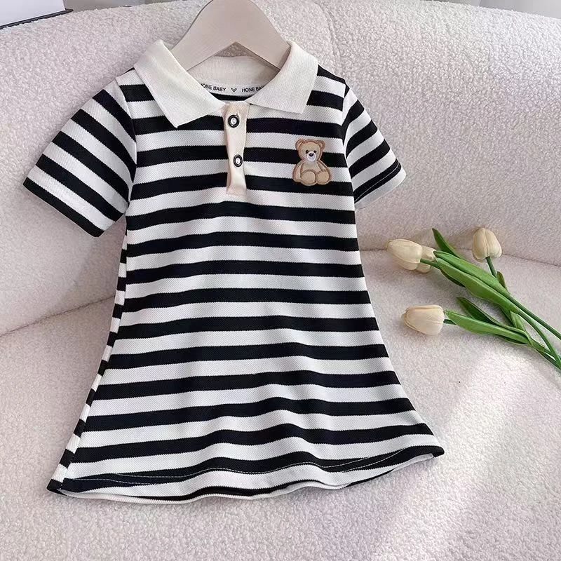 儿童夏季新款POLO翻领A字裙条纹裙连衣裙气质外穿薄款短袖中长裙