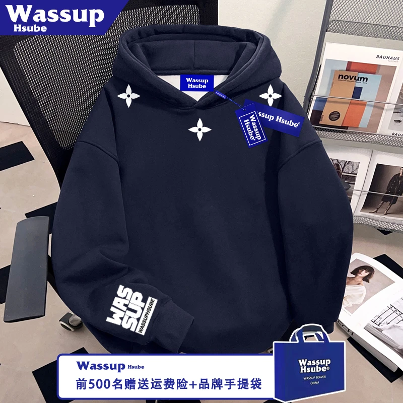 WASSUP HSUBE创意英文印花男女藏青卫衣秋冬保暖加绒流行连帽上衣