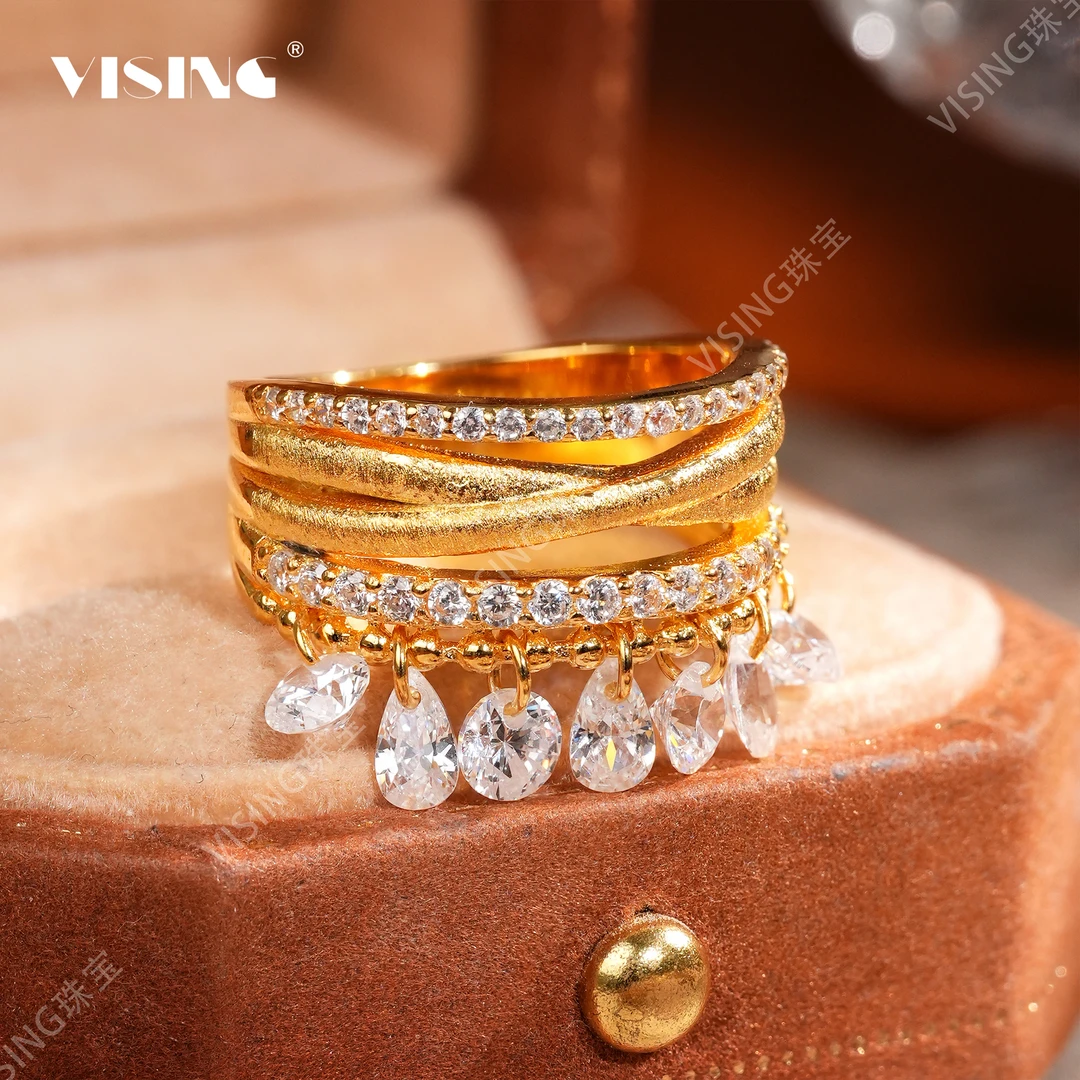 VISING 925银合成锆石戒指 金色爆闪流苏钻拉丝指环戒指银镀18k金