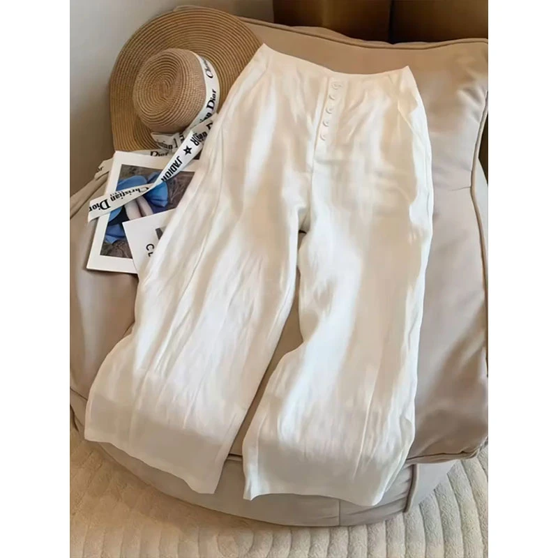 休闲简约白色亚麻阔腿裤女夏季新设计感排扣舒适感薄款九分直筒裤