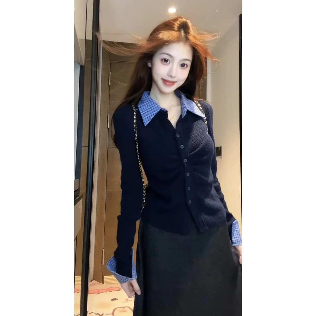 【清仓】假两件条纹拼接修身针织衫时尚褶皱收腰百搭套装T3