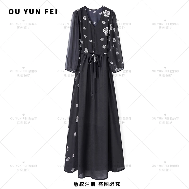 【黑色山茶花】女装连衣裙高级显瘦气质时尚碎花轻奢夏季长裙F1720