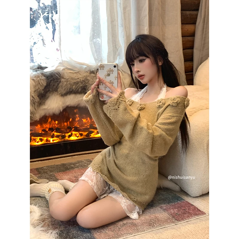 溺水三鱼【山茶漫花】秋款马海毛慵懒上衣长袖套装蕾丝打底连衣裙