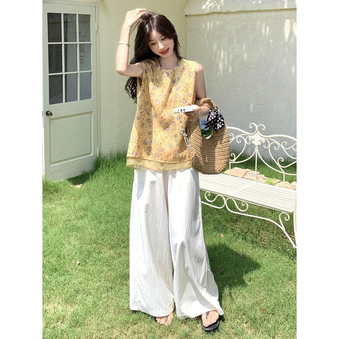新中式国风刺绣无袖背心阔腿裤套装女2025夏季新款温柔气质两件套