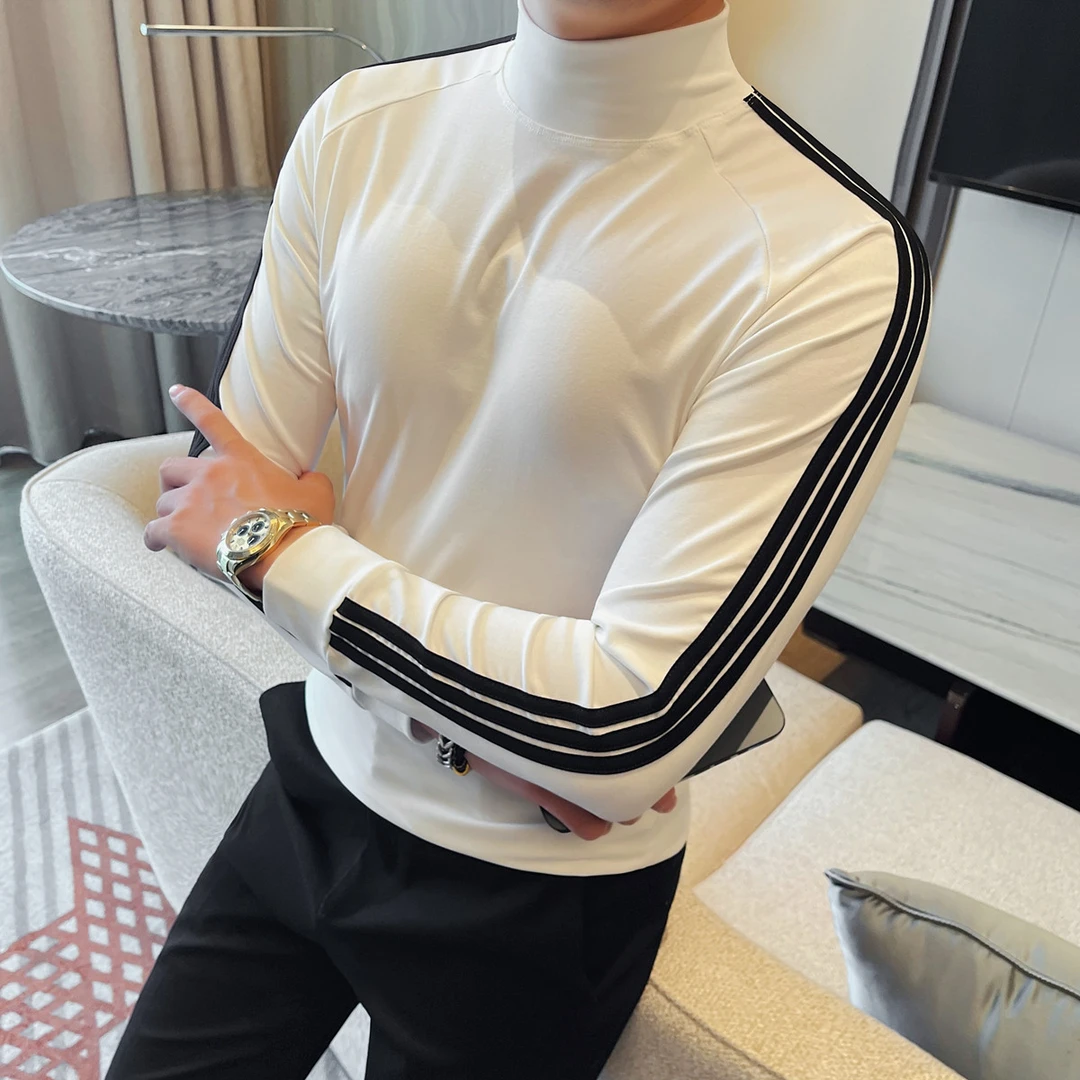 秋冬男士长袖白色T恤新款百搭半高领修身中领内搭打底衫上衣潮流