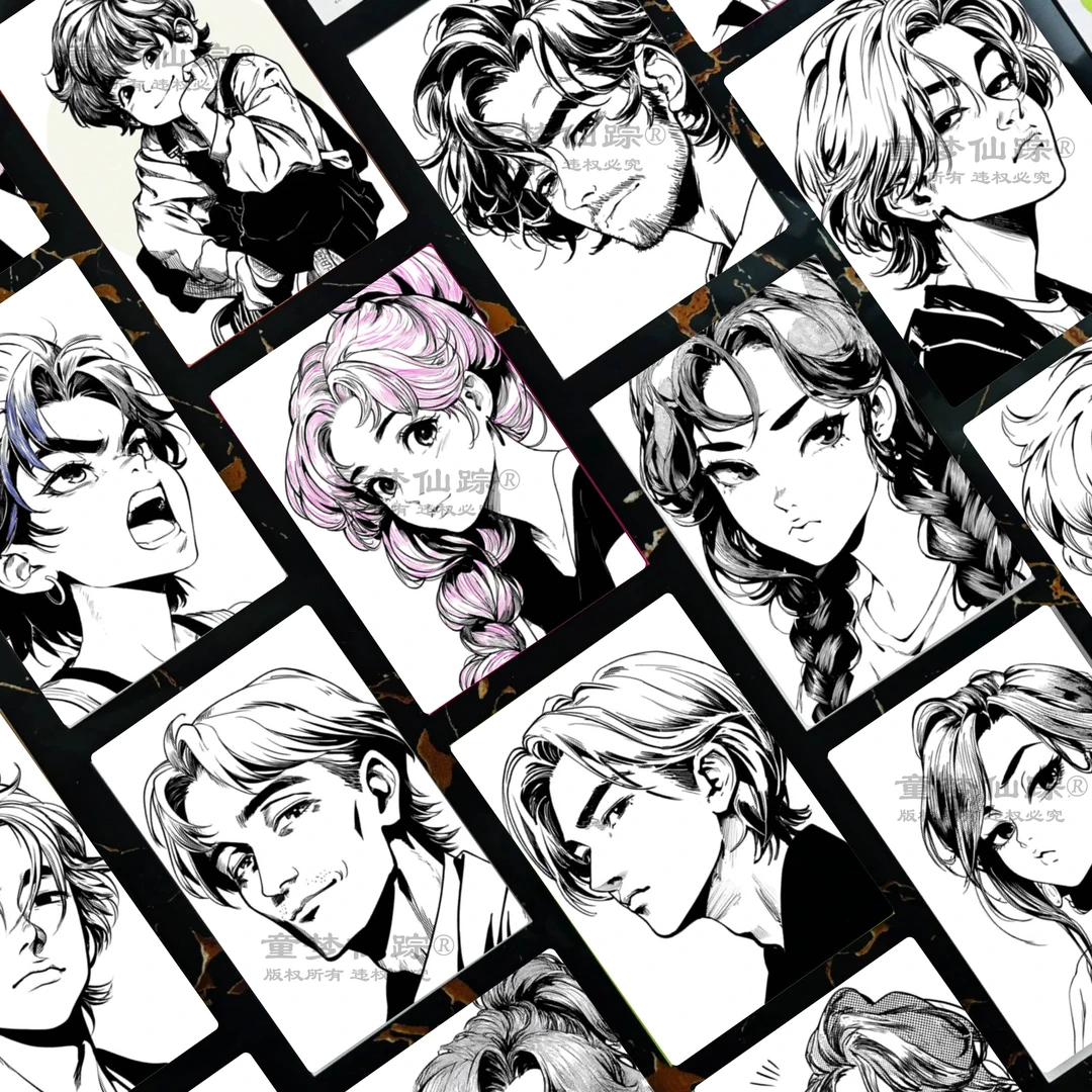 漫画线描人物临摹卡儿童创意美术明信片高级动漫卡通人物线描范图