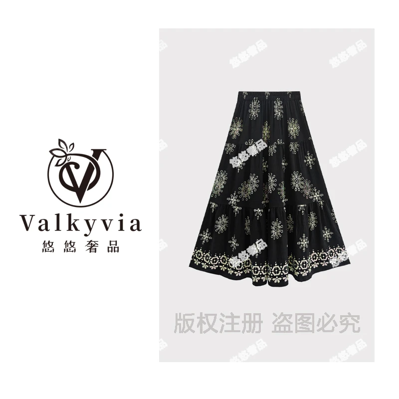 【Valkyvia/悠悠奢品】重工烫钻中国风休闲高腰半身裙Q6296