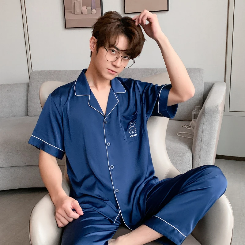 痞帅潮流冰丝睡衣男夏季薄款男士大码仿真丝丝绸家居服套装可外穿